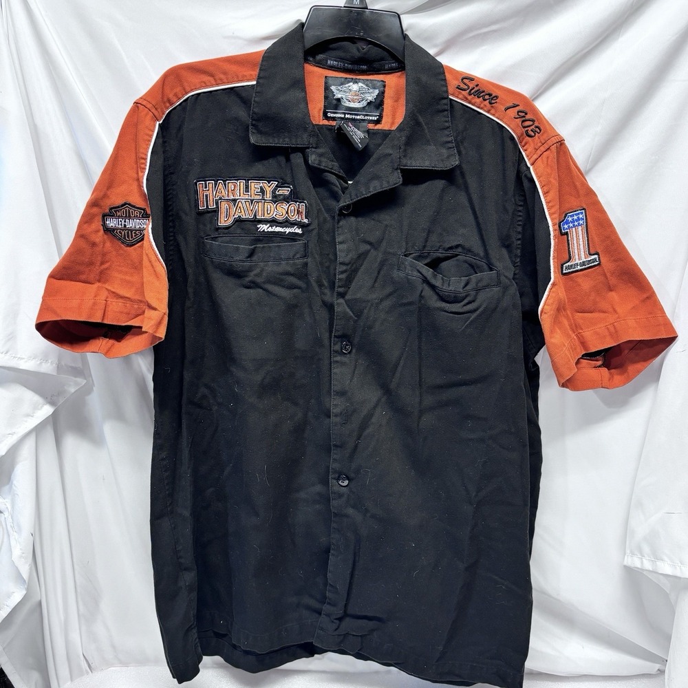 2000s Harley Davidson Motorcycles Mens Short Sleeve Mechanic Button Up Shirt L